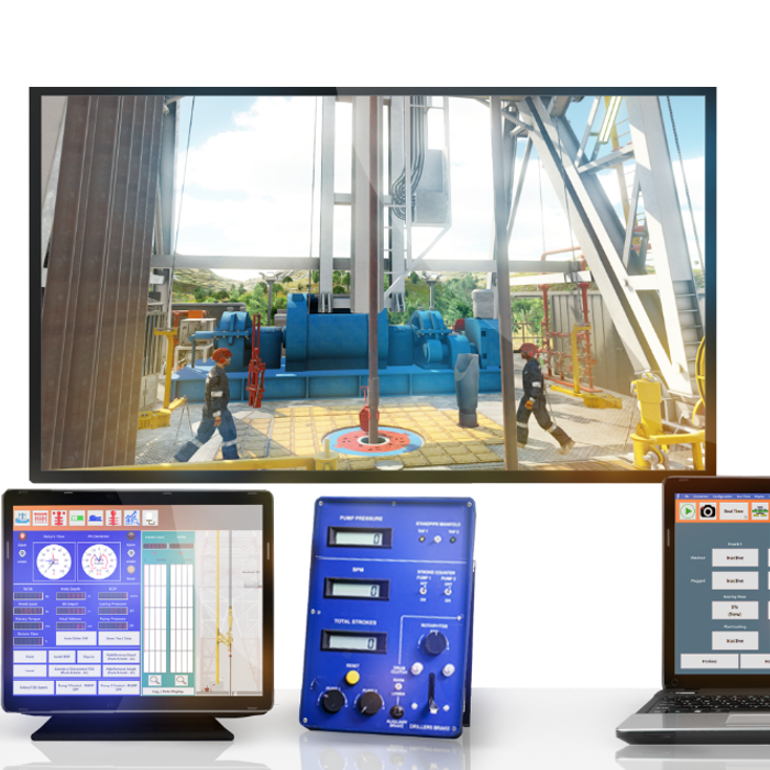 A display screen shows an oil rig operation. In front, various control devices and instruments, including pressure gauges and a laptop with monitoring software, are placed on a surface.