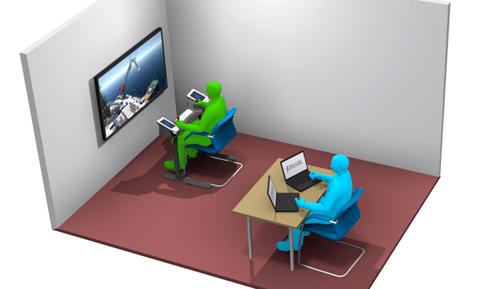 Two color-coded figures using office chairs. The green figure sits at a simulator in front of a screen, and the blue figure works on a laptop and tablet at a desk nearby.
