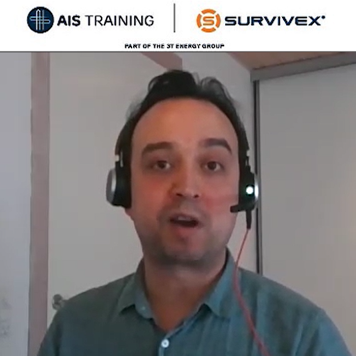 A person wearing a headset is speaking during a video call. The AIS Training and Survivex logos are displayed above.