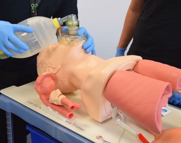Two individuals practice CPR and ventilation techniques on a medical mannequin torso using a bag valve mask.
