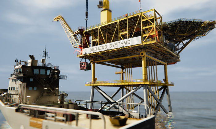 Offshore drilling platform labeled "Drilling Systems" with a crane transferring equipment to a nearby supply vessel on a calm ocean.