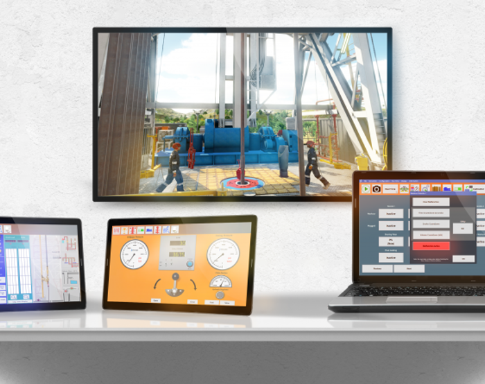 A desk displays a tablet, two monitors, and a laptop showing various technical interfaces and a video feed of an industrial site on a wall-mounted screen.